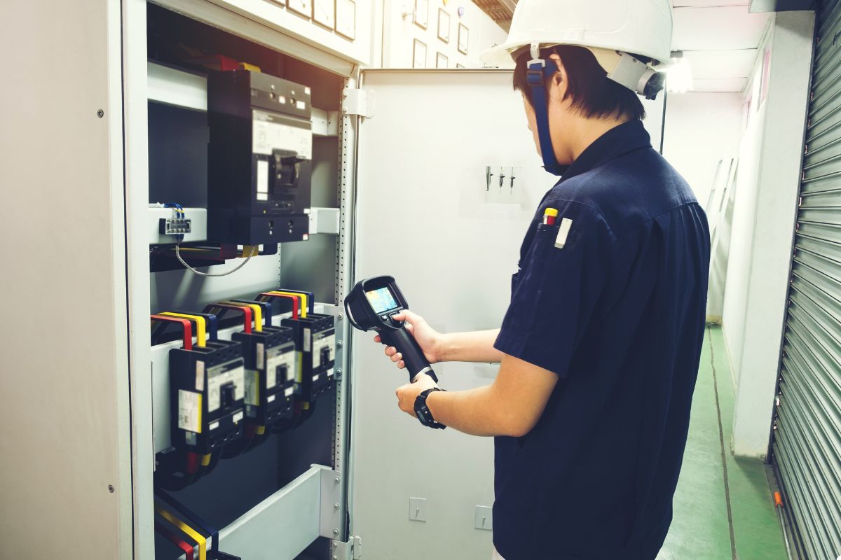 A man wearing a hard hat holds a device, standing in a construction environment.