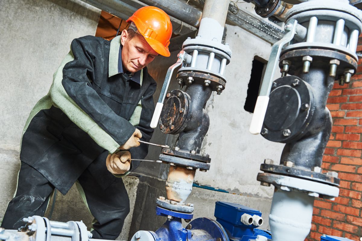A man wearing a hard hat and jacket is adjusting a valve in an industrial setting. 